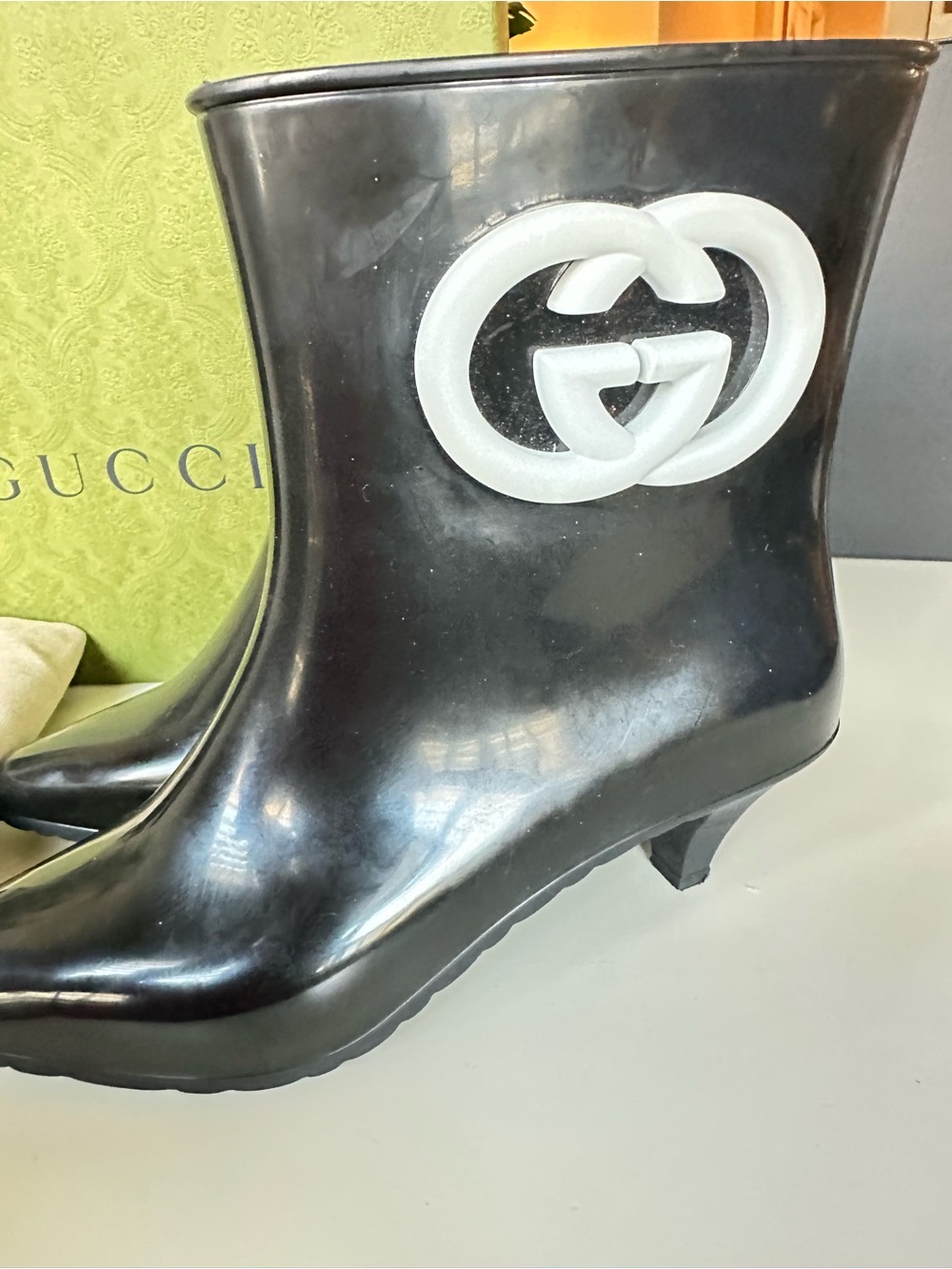 Gucci Black Rain Bootie with White Interlocking G